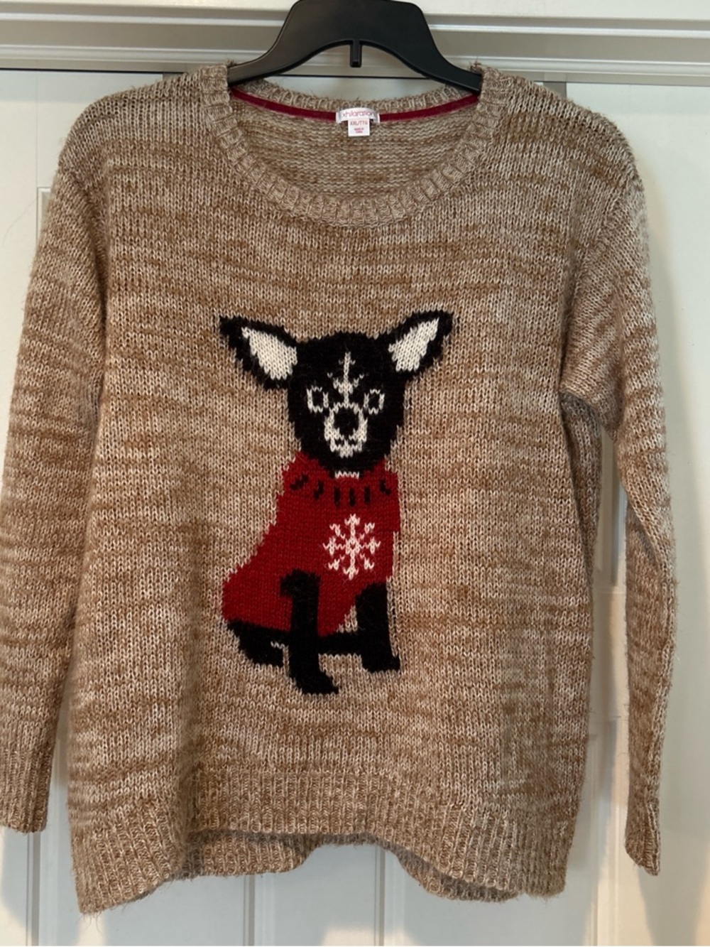 Xhilaration Beige Crewneck Sweater with Black Dog and Red Accent